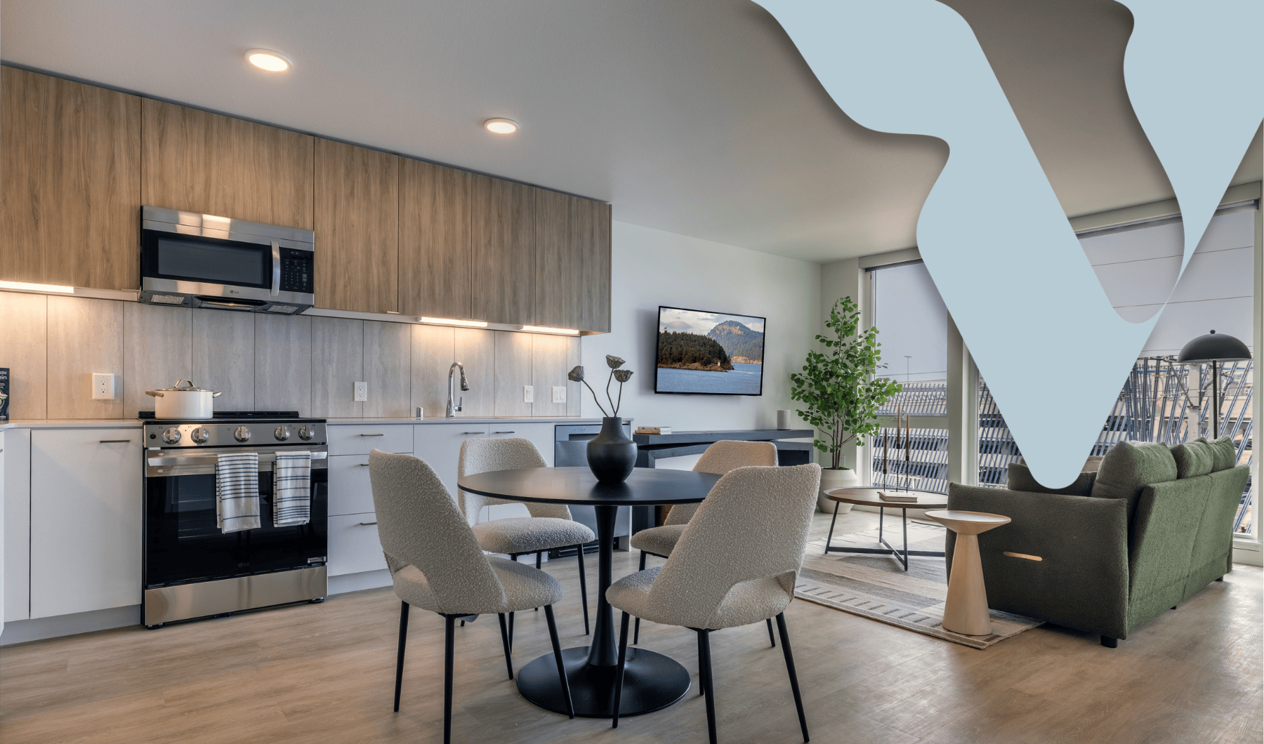 A modern kitchen and living room