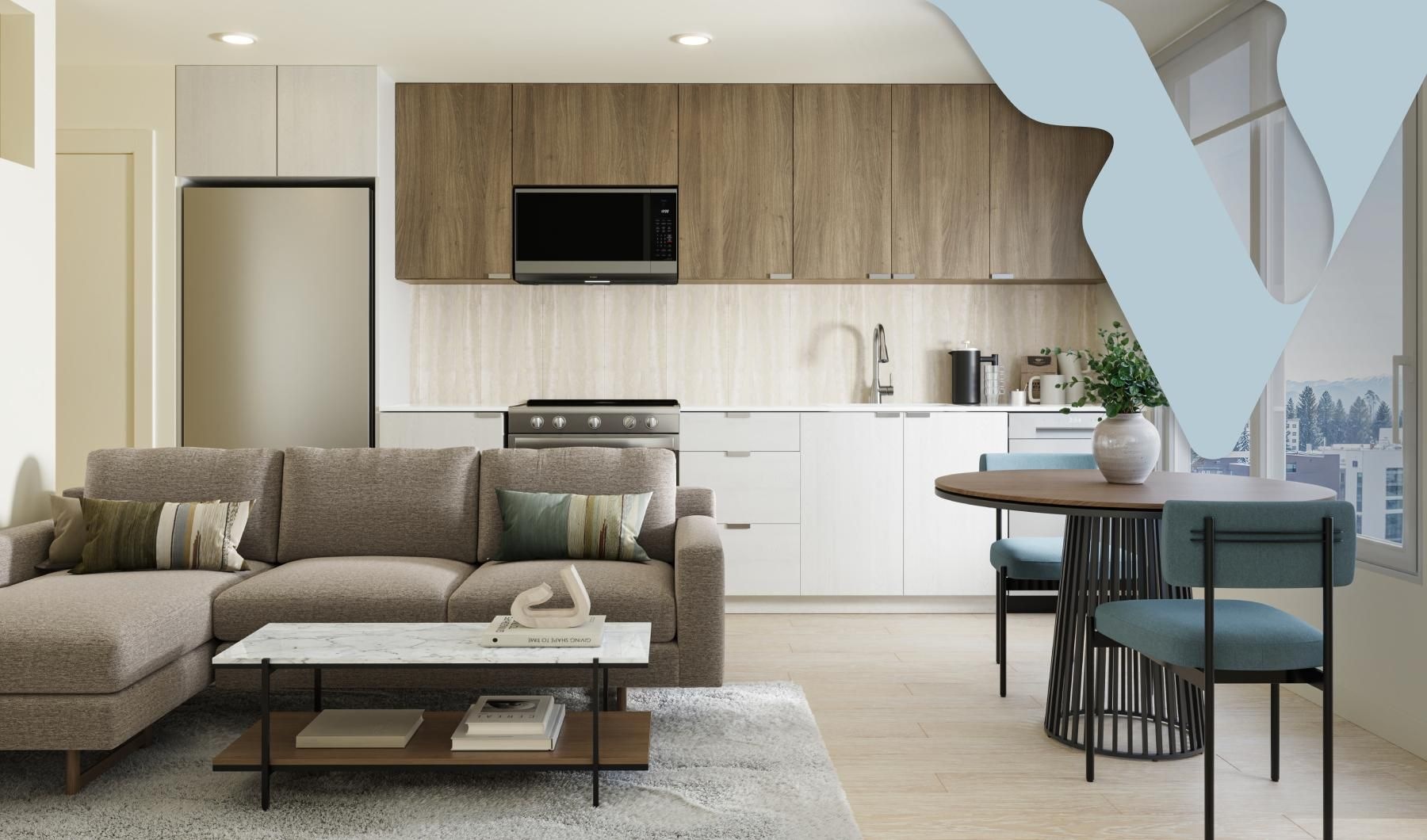 a living room with a couch and a table