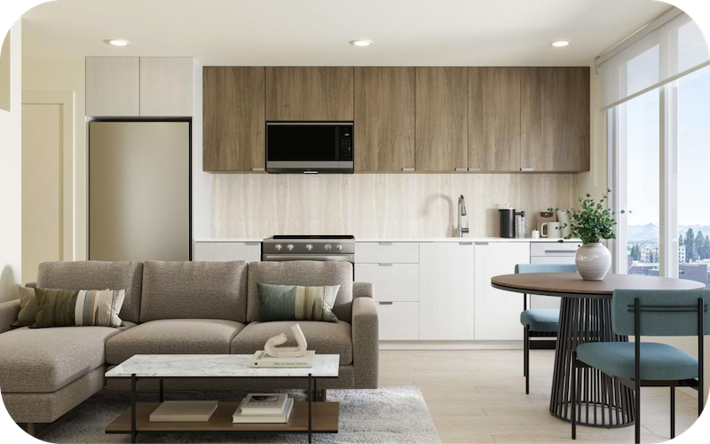 living room with furniture and a kitchen with large windows