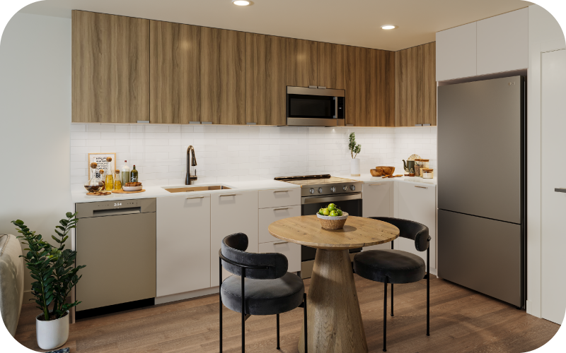 a kitchen with a table and chairs