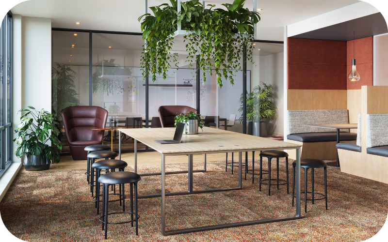 a room with a table chairs and plants