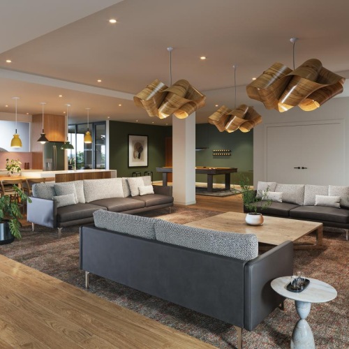 a large room with a large window and a wood floor